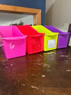 Set of 4 Neon Plastic Storage Bins - Pink, Red, Lime, Purple Look at Description